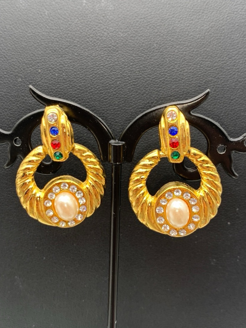 Vintage Gold-Tone Pearl & Multi-rhinestone door knocker style pierced Earrings